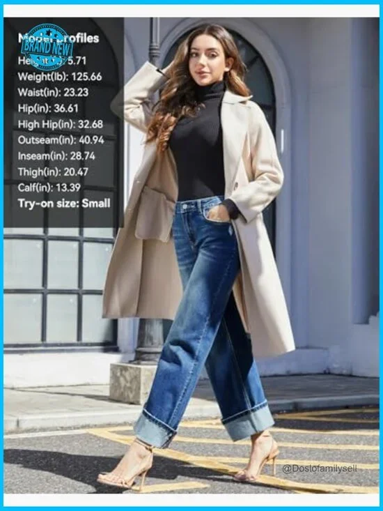 Wide Leg Jeans High Waisted Stretchy Cuffed Baggy Denim Pants Y2K - Picture 5 of 6